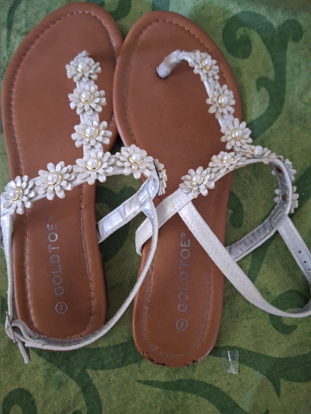 Gold Toe Brown Leather Slide Sandals with Silver Accent